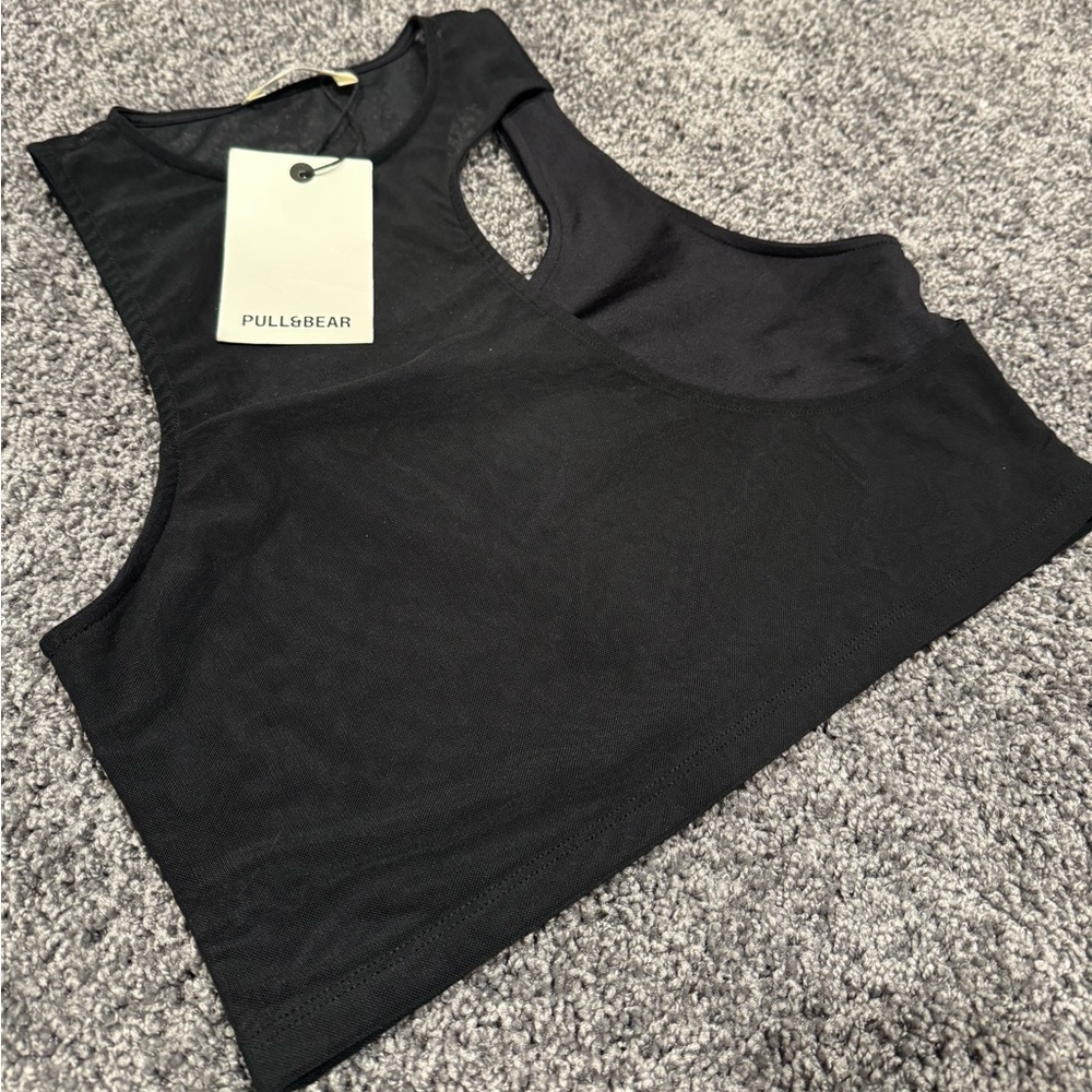NWT Pull&Bear Black Mesh Crop Tank Top Size Large Y2K Sheer Layering Sleeveless